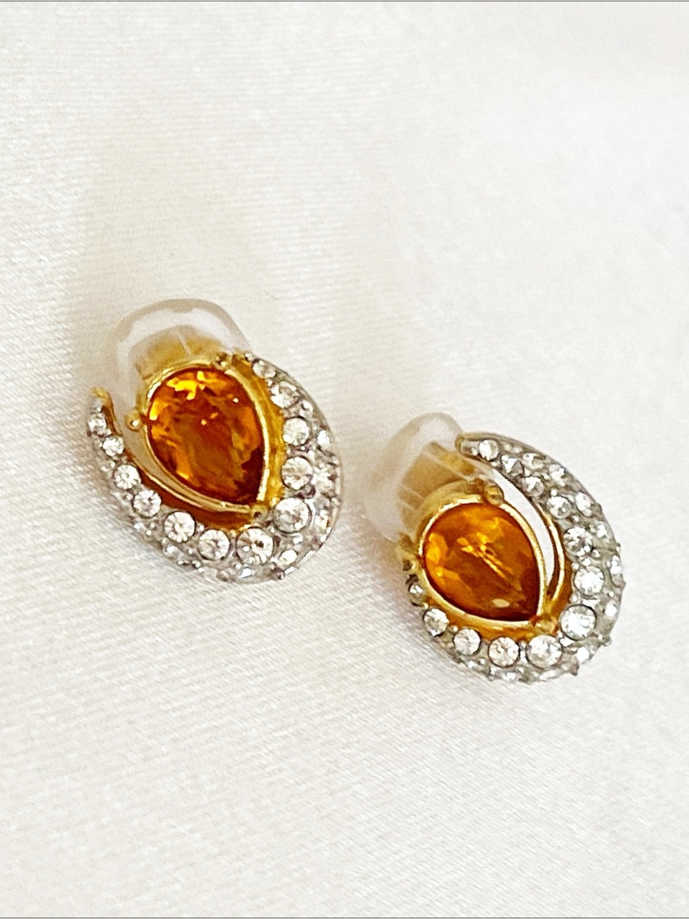 SWAROVSKI CZ Clip On Earrings Orange Citron Gemstone Gold Tone